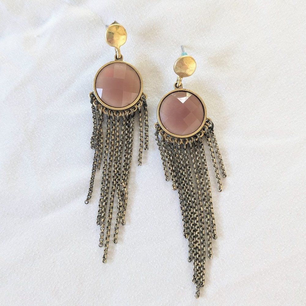 Lucky Brand Purple Stone Tassel Dangle Earrings Gold Tone Modern Cowgirl Boho